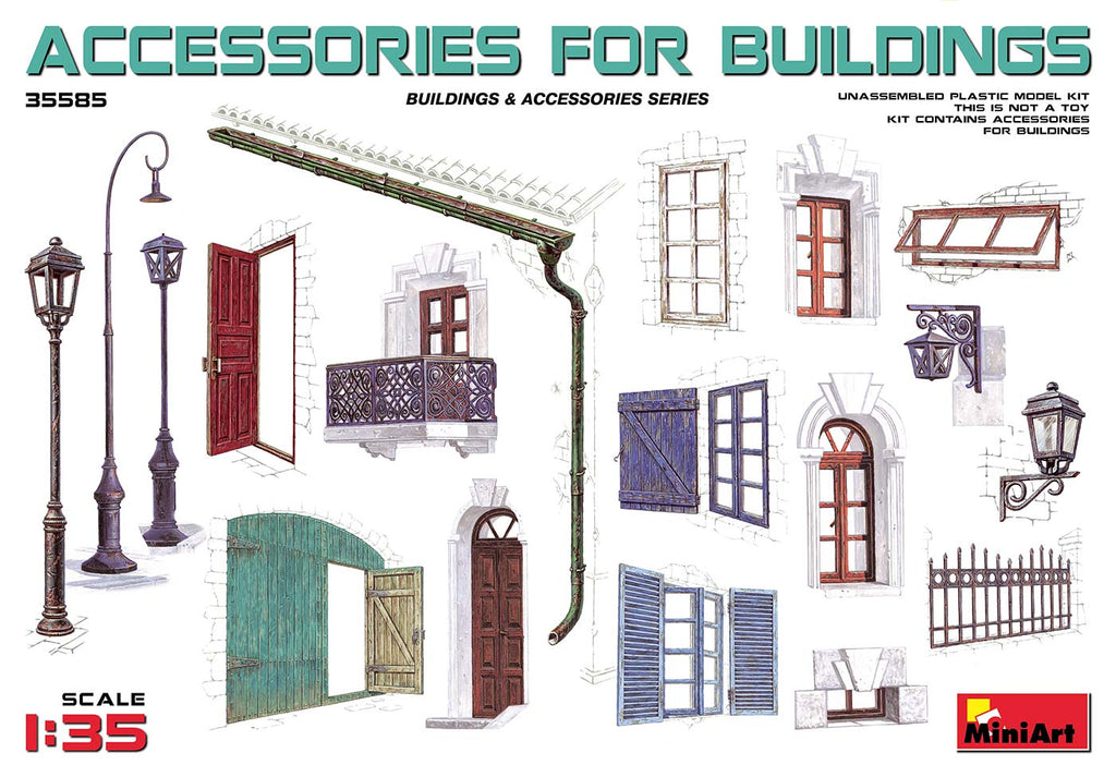 MiniArt 1/35 Accessories for Buildings: Gutter, Fence, Various Doors, Windows & Lamp Posts Kit