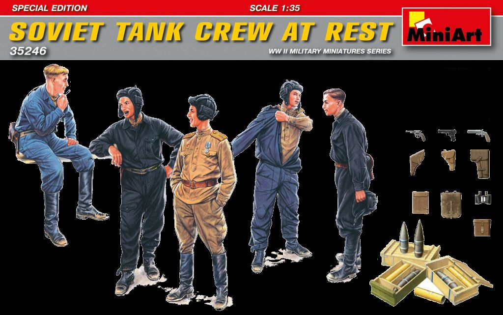 MiniArt Military Models 1/35 Soviet Tank Crew at Rest (5) w/Weapons & Ammo Boxes Kit