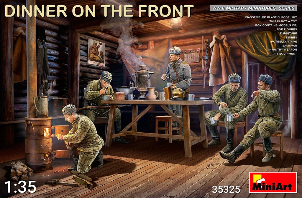 MiniArt Military 1/35 Dinner on the Front: Soviet Soldiers (5) w/Furniture & Accessories Kit