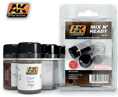 AK Interactive Mix N' Ready 35ml Empty Bottles w/Labels (4)