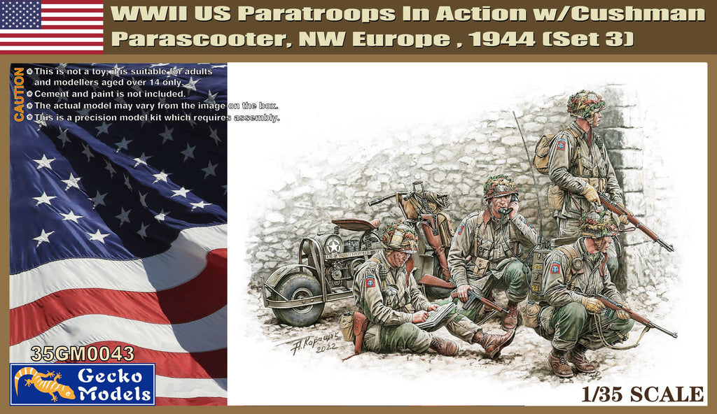Gecko 1/35 WWII US Paratroops in Action (3) w/Cushman Parascooter NW Europe 1944 Kit