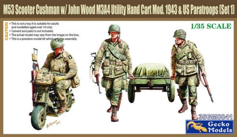 Gecko Models 1/35 WWII Cushman Parascooter, John Wood M3A4 Utility Hand Cart Mod 1943 & 3 US Paratroopers Kit