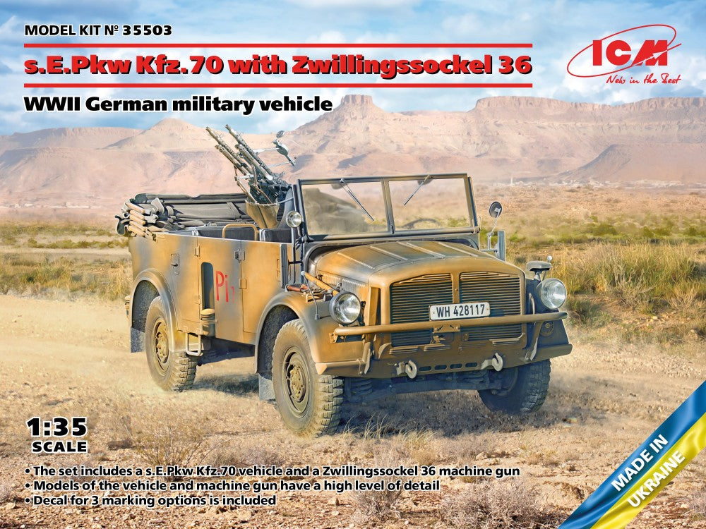 ICM 1/35 WWII German sEPkw Kfz70 Military Vehicle w/Zwillingssockel 36 Machine Gun Kit