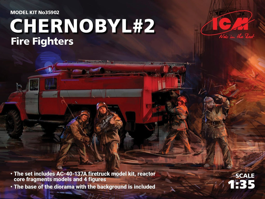 ICM Military Models 1/35 Chernobyl #2: Fire Fighter Diorama Set (AC40-137A Fire Truck, 4 Figures, Base)