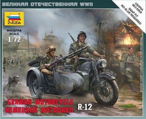 Zvezda 1/72 German R12 Motorcycle w/Sidecar & 2 Crew (Snap Kit)