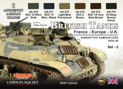 Lifecolor Acrylic British Tanks France, Europe, UK 1936-45 Disruptive #2 Camouflage Acrylic Set (6 22ml Bottles)