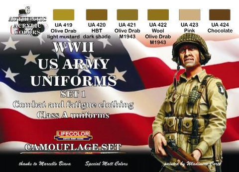 Lifecolor Acrylic US Army WWII Class A Uniforms #1 Camouflage Acrylic Set (6 22ml Bottles)