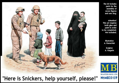 Master Box Ltd 1/35 Here is Snickers! US Soldiers, Eastern Woman w/Children & Dog (8) Kit