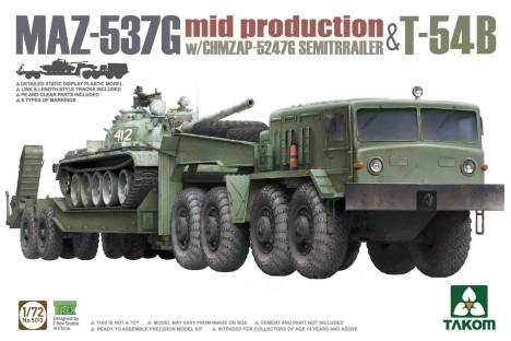Takom 1/72 MAZ537G Mid Production Tank Tractor w/CHMZAP-5247G Semi-Trailer & T54B Tank Kit
